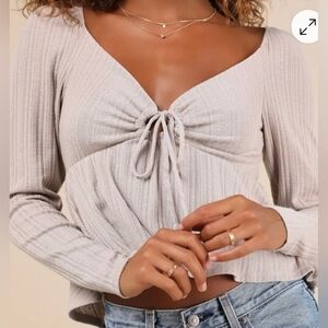 Chic Beige Long Sleeve Blouse Tie-Front Top
